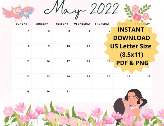 editable may 2022 monthly calendar printable mother s day etsy
