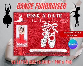 Editable Dance Fundraiser Calendar, Blackout Board, Red, Canva Template, Pick a Date to Donate, Dance Team Competition Cash Fundraiser
