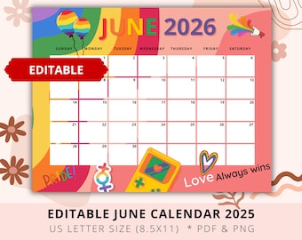 Editable June Calendar 2026, Pride Month 2026, LGBT Proud, Academic Planner, Homeschool Planner, Teacher planner, Classroom Calendar, PDF