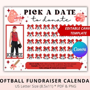 Editable Softball Black Out My Board, Pay My Softball, Pick a Date To Donate, Softball Fundraiser, Red Theme, Fundraiser Calendar, Canva