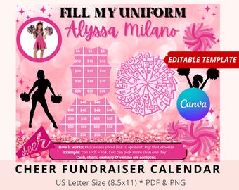 Editable Cheer Black out my board, Pink, Canva Template, Cheerleading School Fundraiser, Cheer pick a date to donate, Fundraiser Calendar