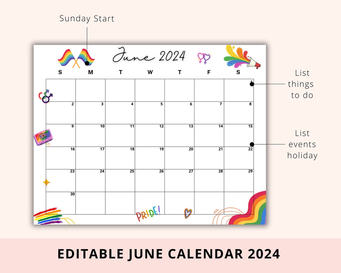 Editable June Calendar 2024, Pride Month 2024, LGBT Proud, Academic