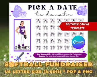 Editable Softball Fundraiser Calendar Template, Pick a Date Donation Flyer, Canva Purple Theme Team Printable