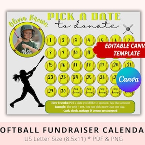 Editable Softball Black out My Board, Yellow theme, Pick a date to donate, Pay My Jersey, Softball Fundraiser, Softball Sponsor Calendar
