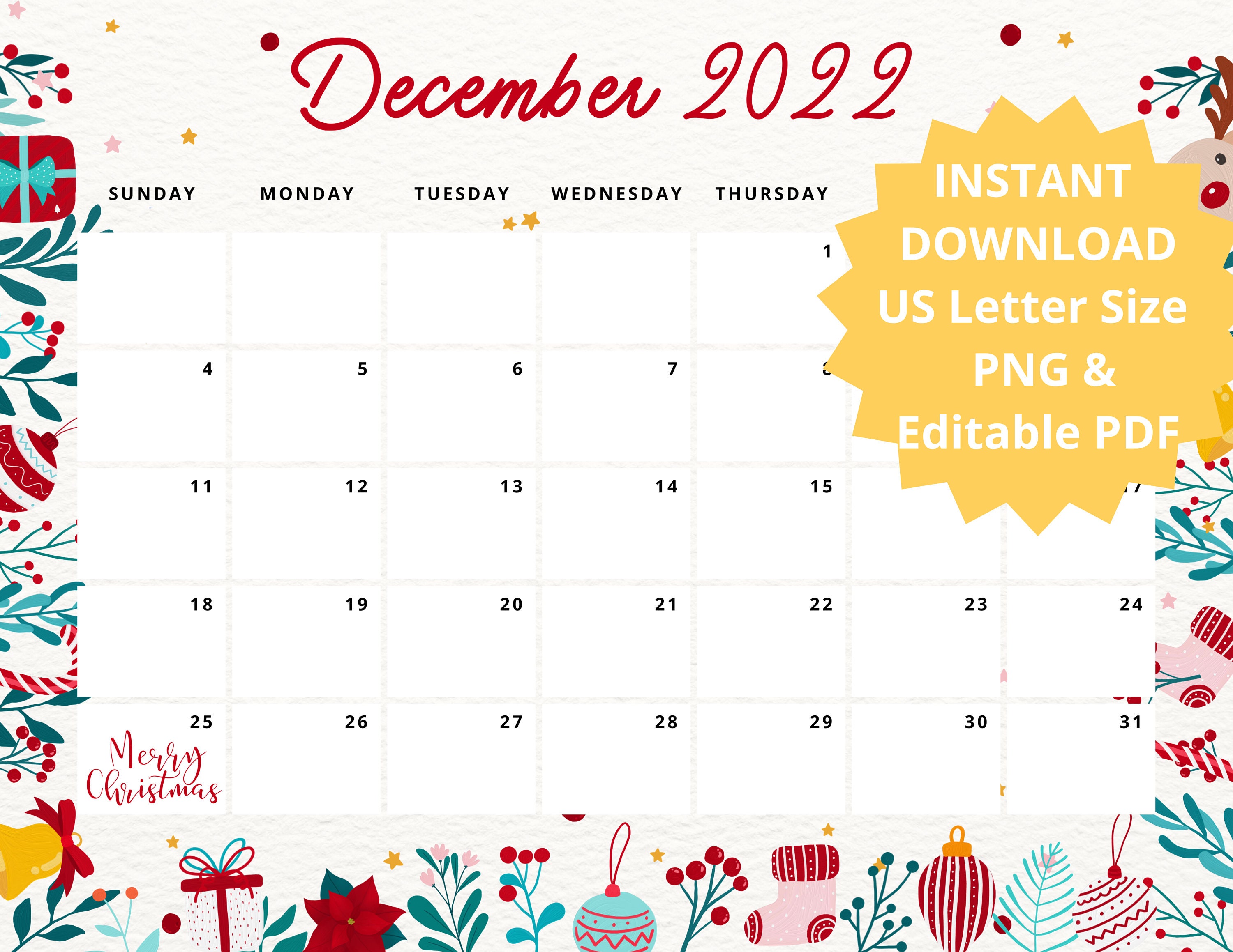 Editable Christmas Calendar 2022 December 2022 Calendar - Etsy Singapore