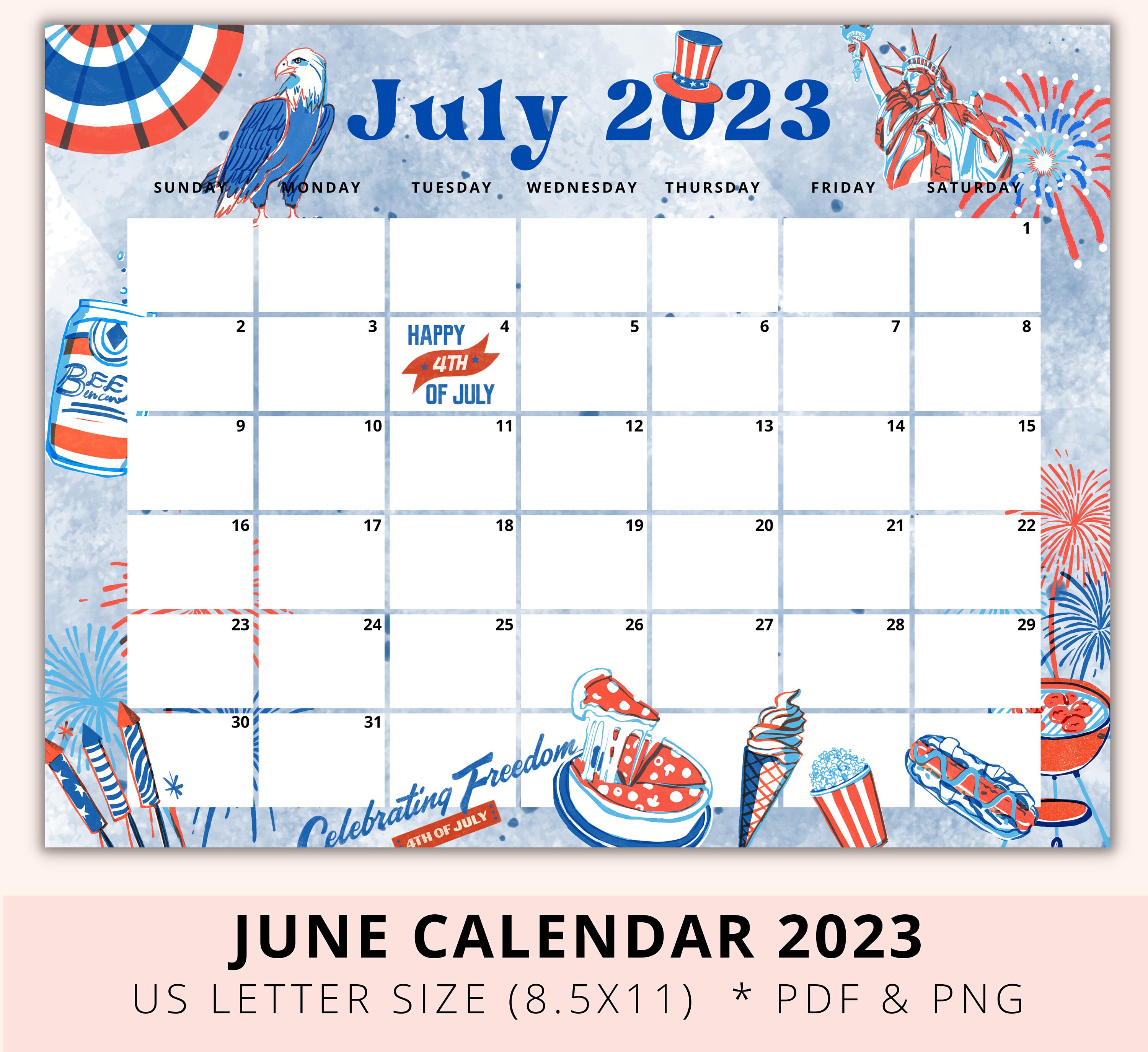 Editable July 2023 Monthly Calendar Printable 4th of July - Etsy