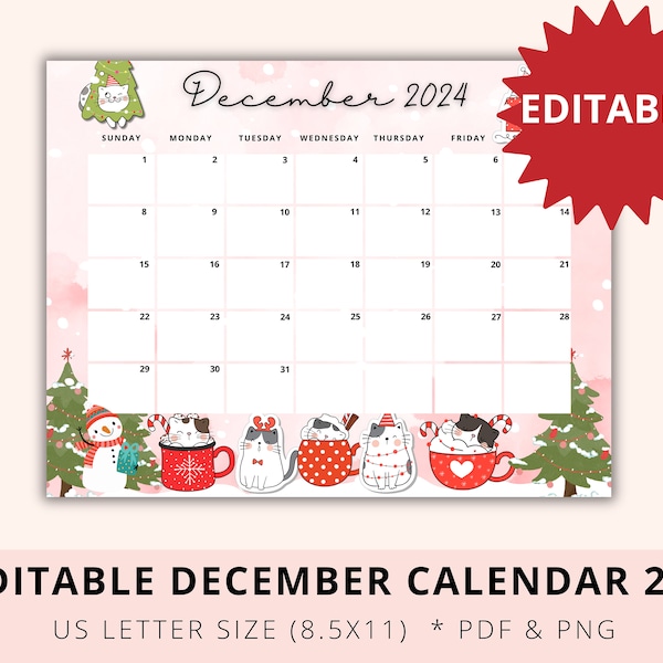 Calendario Navideño Editable 2024 Imprimible, Diciembre 2024, Planificador Navideño, Lista de Tareas Navideñas, Planificador Académico, Digital, Descargar, PDF