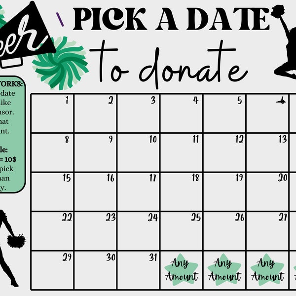 Cheer pick a date to donate, Fundraiser Idea, Pay The Date Fundraiser, Cheerleading Fundraiser, My Cheer Season, Fundraiser Calendar