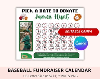Editable Baseball Black Out My Board, Fundraiser Calendar, Green, Baseball Pick a date to donate, Canva, Baseball Season Sponsor, Donate