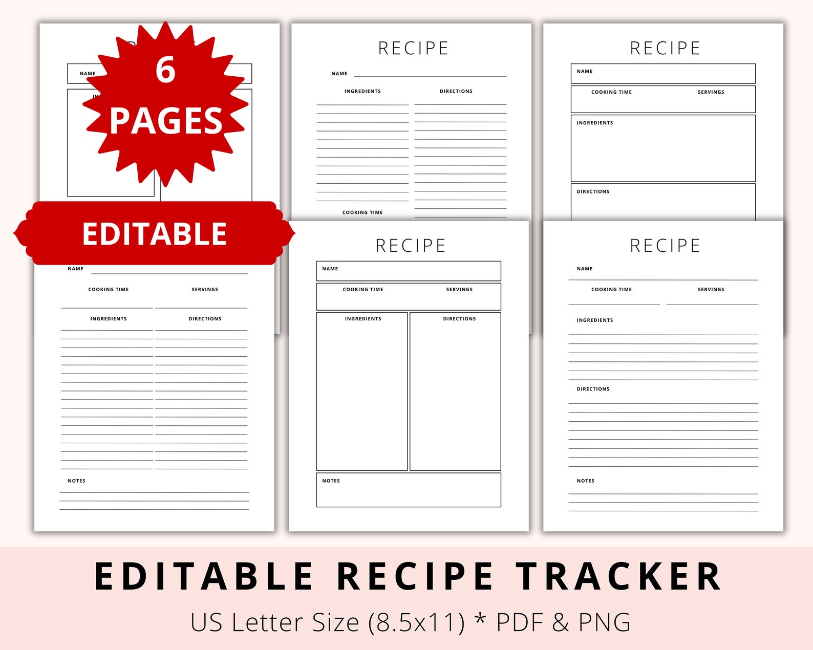 Editable Recipe Tracker, Recipe Book Template, Recipe Sheet Template ...