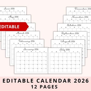 Editable Calendar 2026 2027, Monthly Calendar, Template Calendar, Teacher Calendar, Printable, 12 Month Calendar, Digital Download