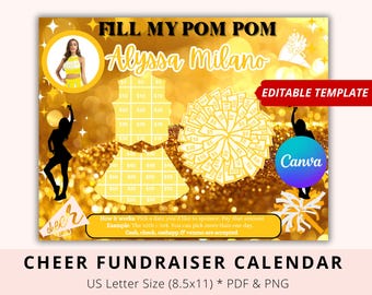 Editable Cheer pick a date to donate, Yellow, Black out my board, My Season Sponsor, Canva Template, Fill My Bow, Cheer Fundraiser Calendar