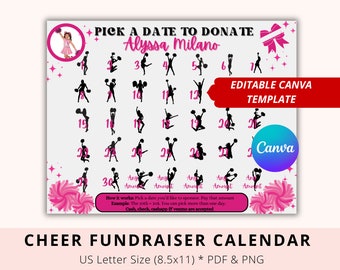 Editable Black out my board, Pink Theme, Canva Template, Cheerleading School Fundraiser, Cheer pick a date to donate, Fundraiser Calendar