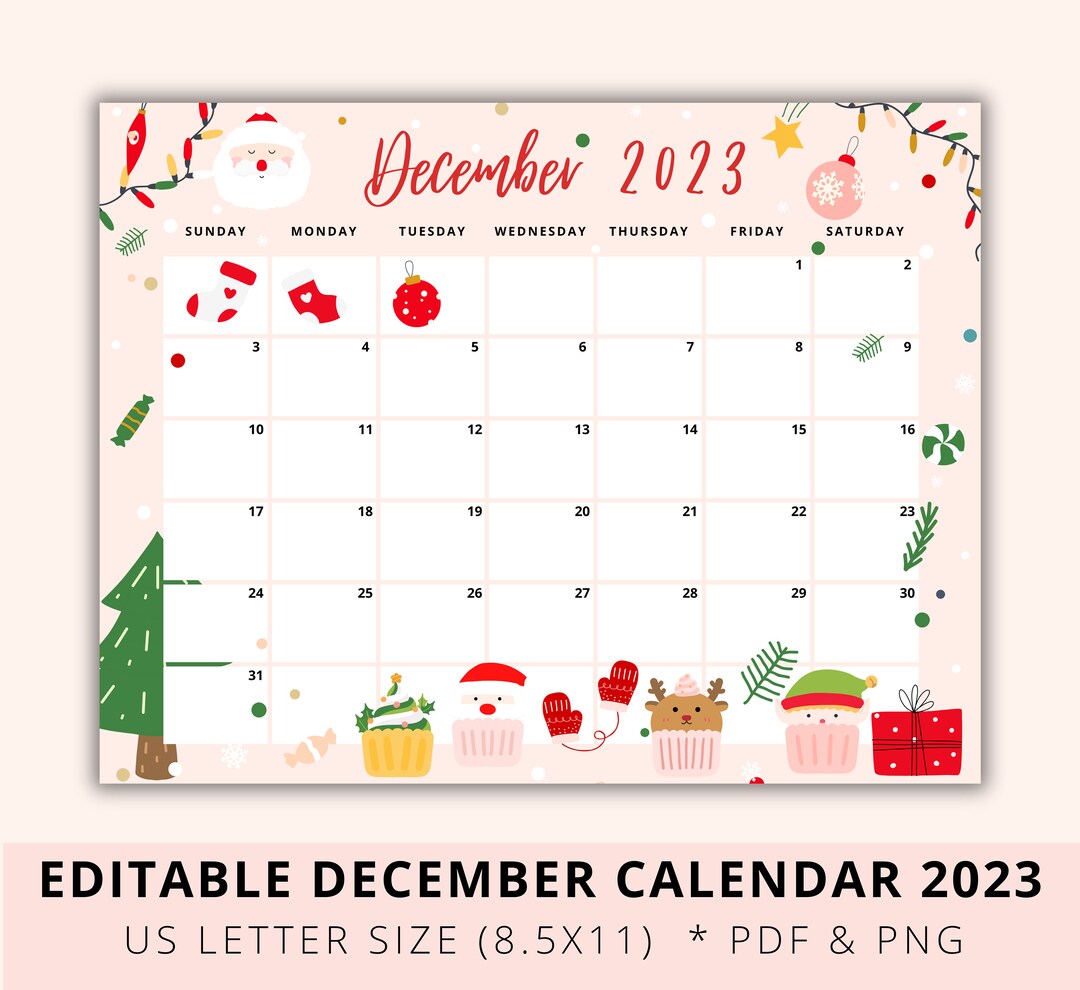 Editable Christmas Calendar 2023, December 2023, Christmas Holiday, Red