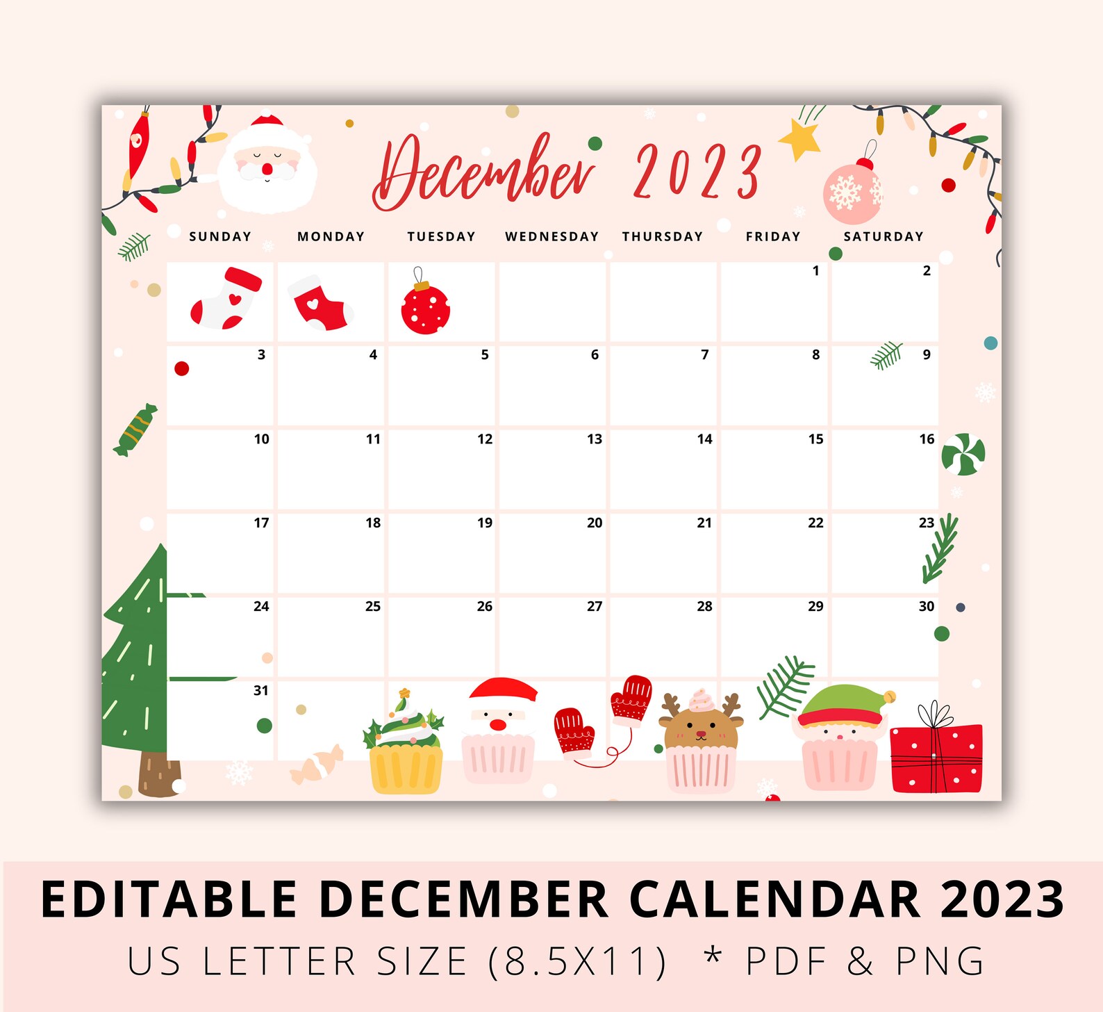 Editable Christmas Calendar 2023, December 2023, Christmas Holiday, Red
