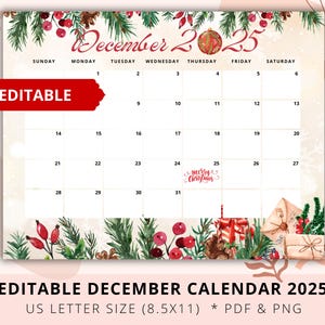 Editable Christmas Calendar 2025 Printable, December 2025, Christmas Planner, December Calendar, Academic Planner, Digital, Download, PDF