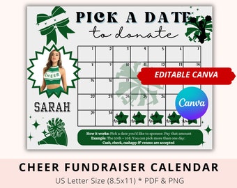 Cheer pick a date to donate, Editable Cheer Fundraiser Calendar, Green pom pom, pay the date, cheerleading fundraiser, sponsor my season