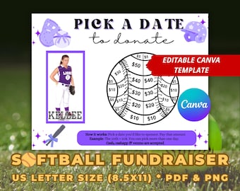 Editable Softball Fundraiser Calendar Template, Pick a Date Donation Flyer, Canva Purple Theme Team Printable
