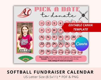 Editable Softball pick a date to donate, black out my board, Fundraiser Template, Fundraiser Calendar, Pay The Date, Donate Calendar, Pink