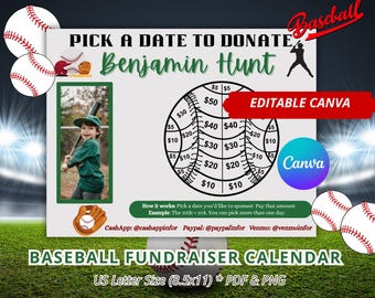 Editable Baseball pick a date to donate, Orange, Black out my board, Help to pay my jersey, Canva, Baseball Pay The Date, Donate Calendar