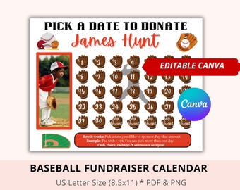 Editable Baseball Black out my board, Pick A Date To Donate, Fundraiser Calendar, Red, Canva Template, Pay My Jersey, Pay My Batting Gloves