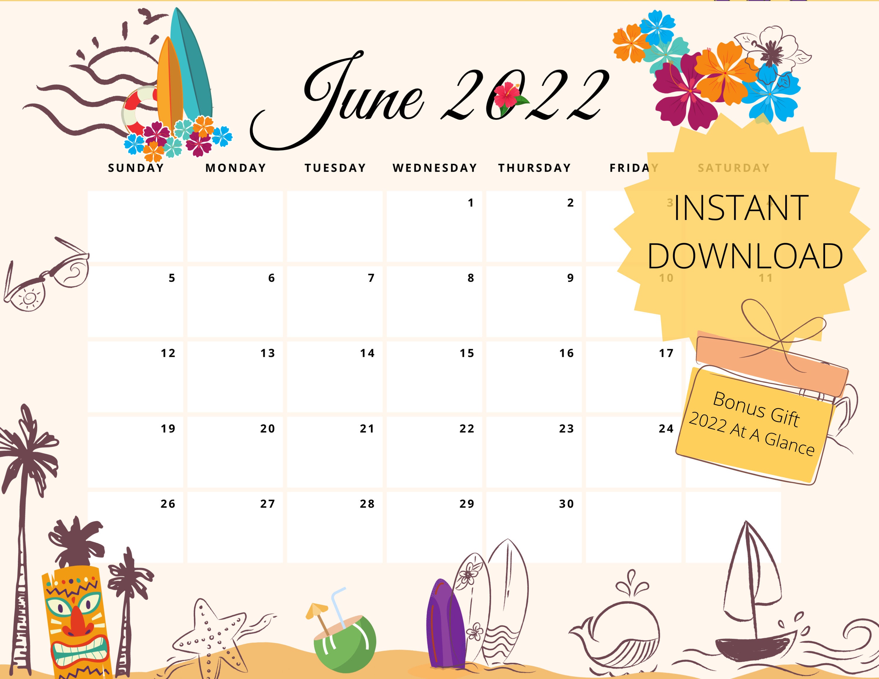 editable holiday june 2022 monthly calendar summer vacation etsy