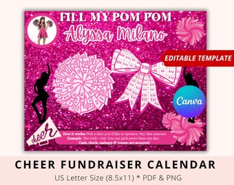 Editable Cheer pick a date to donate, D2 Summit, Cheer Black out my board, Fill My Bow, Pompom, Cheerleading School Donate, Canva, Pink