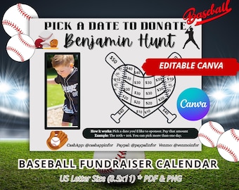 Baseball Fundraiser Calendar Canva Template, Editable Baseball Team Fundraiser, Printable Little League Calendar Fundraiser, Black