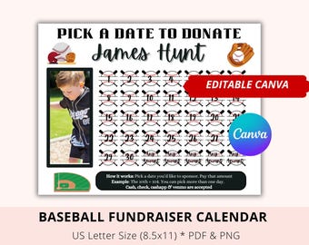 Editable Baseball Black out my board, Pick A Date To Donate, Fundraiser Calendar, Black, Canva, Pay My Jersey, Pay My Batting Gloves