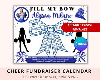 Editable Cheer Fundraiser Calendar, Cheer pick a date to donate, Navy Theme, Fill My Bow, Pay The Date Calendar, Cheer Sponsor Calendar
