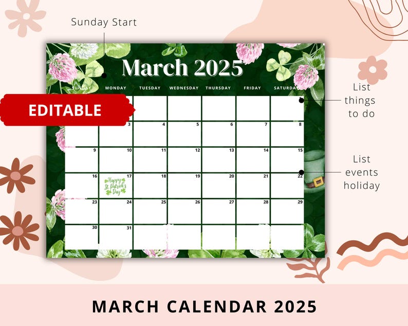 March Spring Calendar Editable March Calendar 2025, Teacher Calendar, Academic Planner ...
