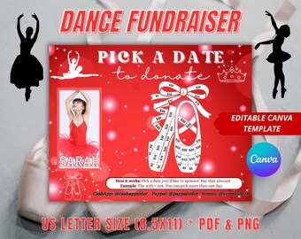 Editable Dance Fundraiser Calendar, Blackout Board, Red, Canva Template, Pick a Date to Donate, Dance Team Competition Cash Fundraiser