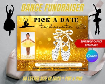 Editable Dance Fundraiser Calendar, Blackout Board, Yellow, Canva Template, Pick a Date to Donate, Dance Team Competition Cash Fundraiser