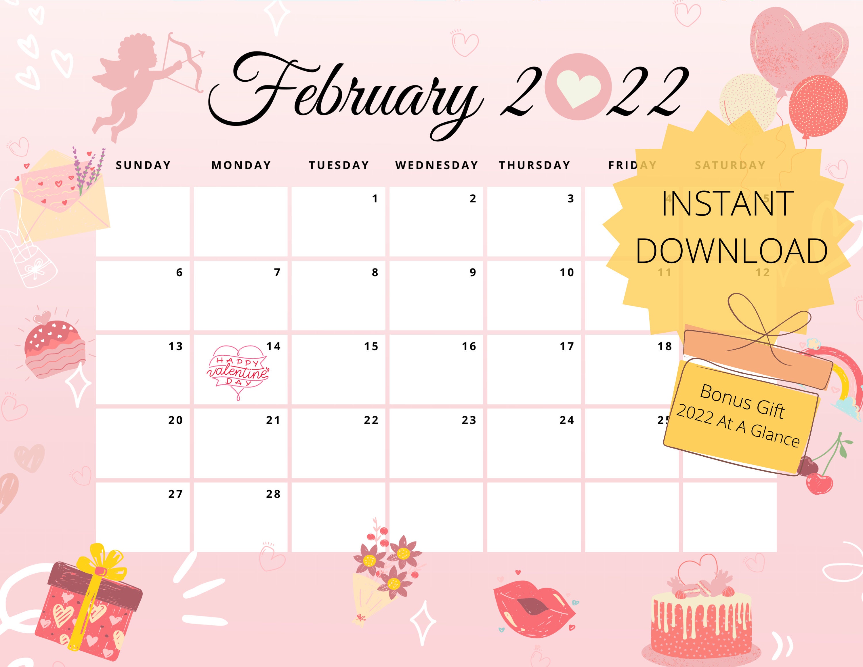 Editable Calendar February 2022 Editable Valentine February 2022 Calendar Printable Pink | Etsy Australia