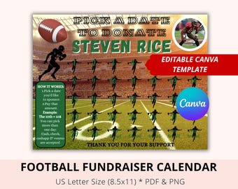 Editable Football pick a date to donate, Black out my board, Help to pay my jersey, Canva, Football Pay The Date, Team Fund, Donate Calendar