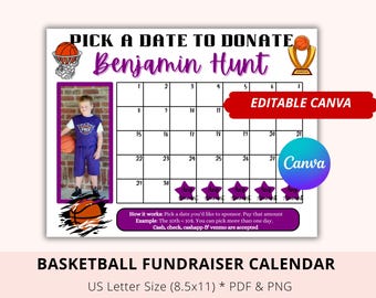 Editable Basketball Black out my board, Fundraiser Calendar, Purple, Pick A Date To Donate, Canva, Pay My Jersey, Pay My Basketball