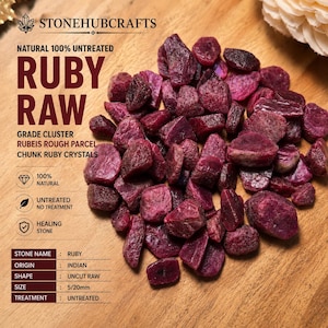 May include: A collection of natural, untreated raw ruby crystals in deep red and magenta hues. The text reads STONEHUBCRAFTS, NATURAL 100% UNTREATED RUBY RAW, GRADE CLUSTER RUBEIS ROUGH PARCEL CHUNK RUBY CRYSTALS, and lists specifications including size 5/20mm.