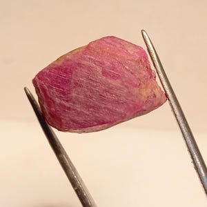Puede incluir: Una gema de rubí en bruto sin cortar, sujeta con pinzas metálicas. El rubí tiene un color rojo rosado intenso con una superficie texturizada. La gema es cruda y natural, mostrando su forma irregular única.