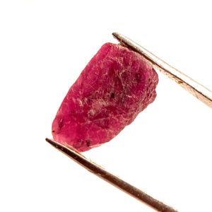 May include: A deep red ruby gemstone held by tweezers. The ruby is a rough, unpolished stone with a natural, irregular shape.