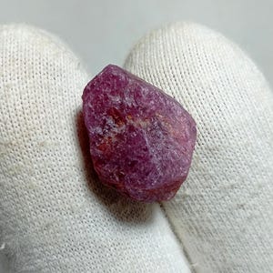 May include: A raw, unpolished ruby gemstone. The ruby is a deep red hue with a slightly textured surface. The gemstone is held against a white background.