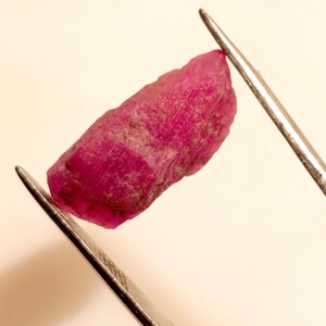May include: A rough, uncut ruby gemstone, held by a pair of silver tweezers. The ruby is a deep, vibrant pinkish-red color with a slightly textured surface. The gemstone is displayed against a plain, light background.