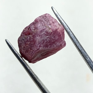 May include: A rough, uncut ruby gemstone, held by silver tweezers. The ruby is a deep, rich pinkish-red color with a textured surface. The gemstone is a natural, raw mineral specimen.