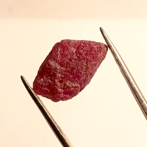 May include: A deep red ruby gemstone, with a rough, natural finish, held by tweezers against a white background.