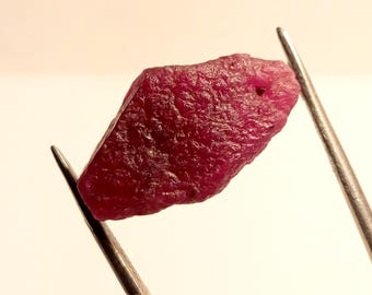May include: A raw, uncut ruby gemstone held by tweezers. The ruby is a deep, rich red colour with a textured surface. The gemstone is irregularly shaped, showcasing its natural, unpolished state. The tweezers are silver-coloured.