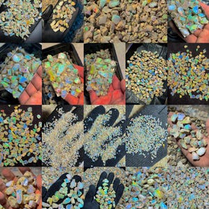 Könnte beinhalten: Eine Sammlung roher Opal-Edelsteine, die eine Vielzahl von Formen und Größen aufweisen. Die Opale zeigen lebendige Farben, darunter Blau, Grün und Gelb, mit einer schimmernden, irisierenden Qualität. Einige Opale werden in Händen gehalten, andere befinden sich in Schalen.