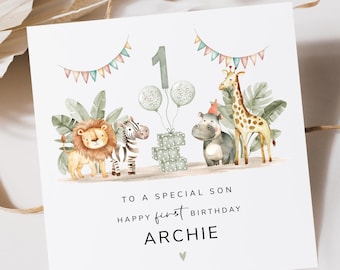 Personalised Safari First Birthday Card For Son, Grandson, Nephew, Godson | Jungle Birthday | Safari Animals 1st Birthday Card | Zoo Animals