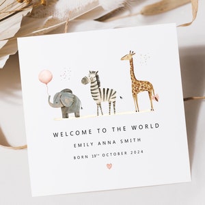 Safari New Baby Card | Personalised Welcome to the World Card | New Baby Girl | Zoo Animals Baby Card |Welcome Baby Girl Card |New Baby Girl