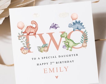 Personalised Dinosaur Second Birthday Card For For Daughter Granddaughter Niece |Dino 2nd Birthday Girl|Cute Dinosaur Card|Jurassic Birthday