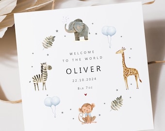 Personalised New Baby Boy Card |Welcome To The World Card |New Grandson, Godson, Nephew |New Baby Card | Safari | Baby Elephant Giraffe Card