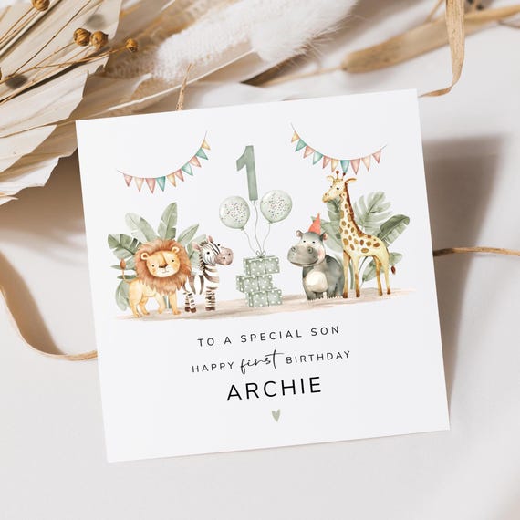Personalised Safari First Birthday Card For Son, Grandson, Nephew, Godson | Jungle Birthday | Safari Animals 1st Birthday Card | Zoo Animals